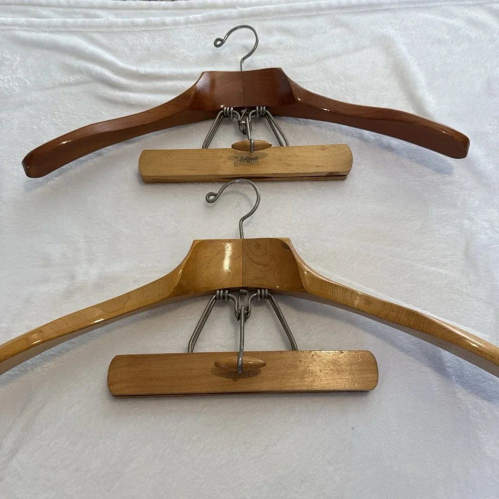 Vintage The Setwell Wooden Suit Hangers Lot 2 Coat Pants Clamp Mid Century